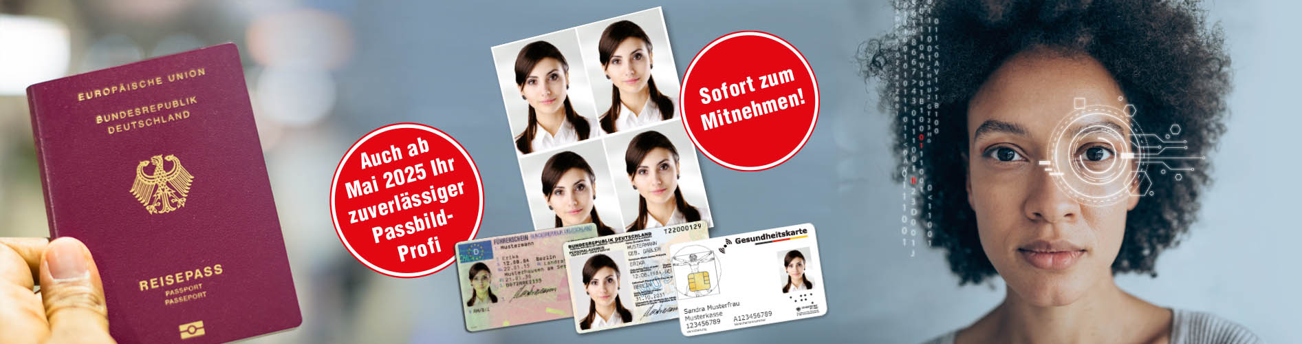 Reisepass, Personalausweis, Gesundheitskarte und vier biometrische Passbilder – professionell erstellt bei zertifizierten Fotografen auf e-passfoto.de.